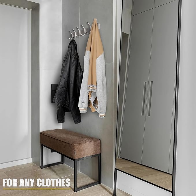 Coat Rack Wall Mount – Brushed Nickel 17 Inch Stainless Steel Hook Rail with 6 Heavy Duty Double Coat Hooks – Wall Mounted Coat Hanger for Entryway, Bathroom, Bedroom, Towel, Hat Organizer - 2 Pack