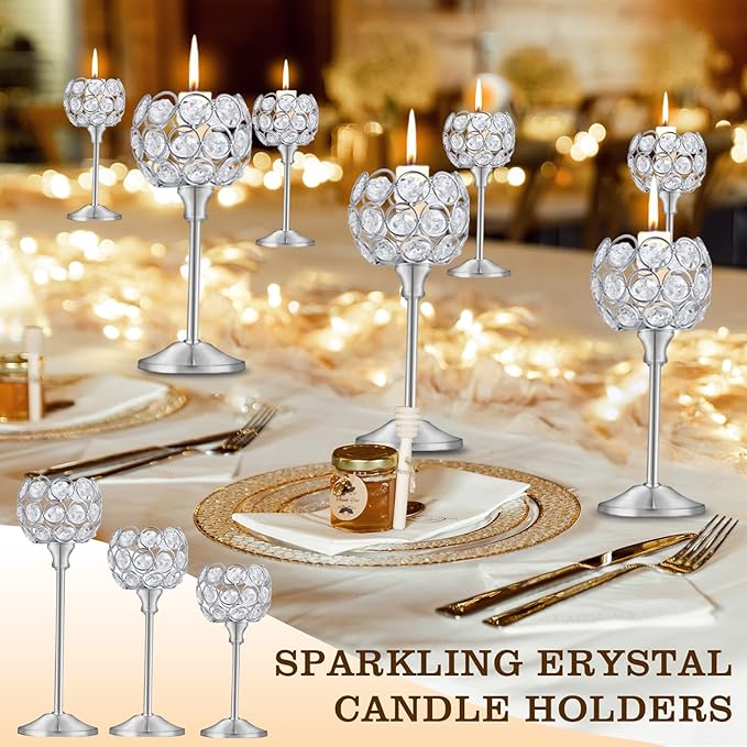 Crystal Candle Holders Set of 16 for Wedding Centerpieces Gold Or Silver Candle Holders Bulk Decorative Tealight Candle Holder for Wedding, Party,Table Centerpieces Decoration (Silver, 4Sets(12 Pcs))