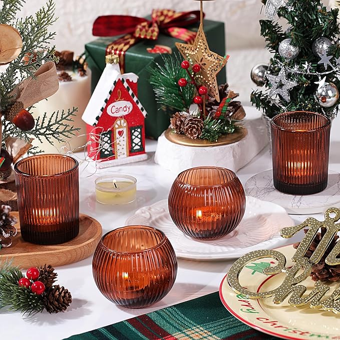 Amber Votive Candle Holders Set of 10, Round Amber Candle Holders Bulk for Tea Light Candle, Fall Centerpieces for Tables, Ribbed Candle Votives for Wedding, Various Parties & Vintage Decor & Gift