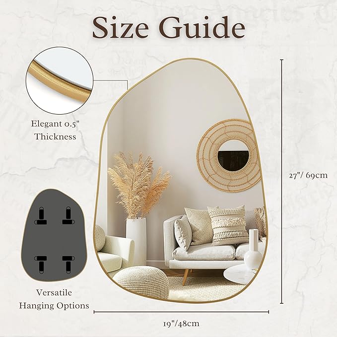 PERFNIQUE Irregular Wall Mirror Asymmetrical Mirror, 27''x19'' Gold Mirror for Bathroom Bedroom Living Room Entryway, Decorative Modern Wall Decor, Wall Mounted Mirror (Gold, 27''x19'')