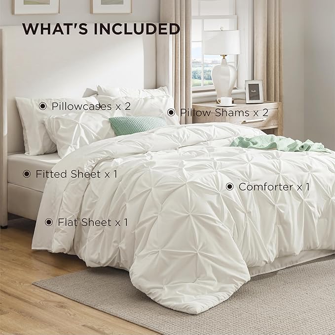 Bedsure Full Comforter Set Ivory - Bed in a Bag Full Size Bedding Set 7 Pieces, GentleSoft™ Pintuck Bed Set Gift for Family, Pinch Pleat All Season Comforter with Sheets, Pillowcases & Shams