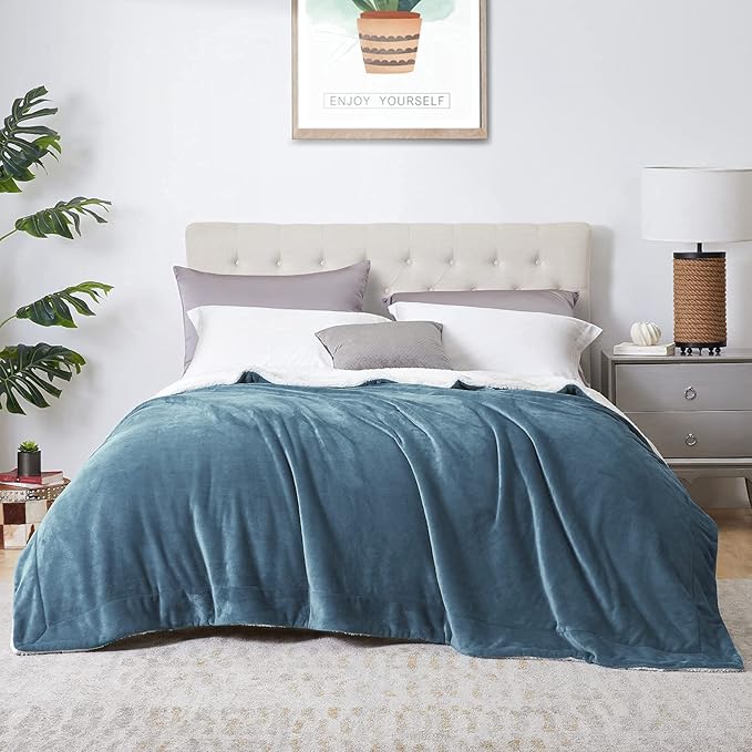 Walensee Sherpa Fleece Blanket (Twin Size 60”x80” Slate Blue) Plush Throw Fuzzy Super Soft Reversible Microfiber Flannel Blankets for Couch, Bed, Sofa Ultra Luxurious Warm and Cozy for All Seasons