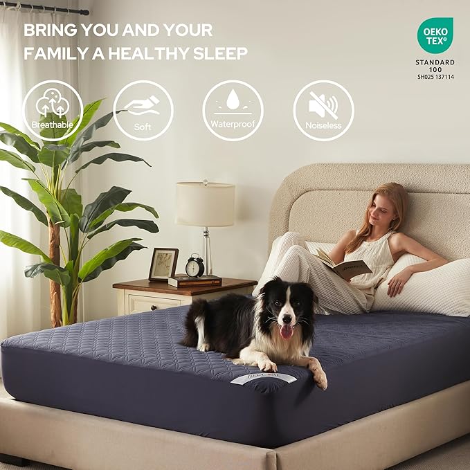 BEDLORE Waterproof Mattress Protector, Cal King Size Noiseless Mattress Pad with Deep Pocket 6"-18" Depth, Soft Breathable Bed Mattress Cover Washable for Home, Bedroom, Hotel (Navy Blue)