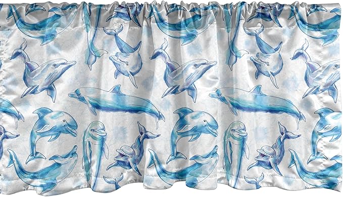 Ambesonne Sea Animals Window Valance, Sketch of Bottlenose Dolphins Playing Laughing in The Ocean Sea Life Print, Curtain Valance for Kitchen Bedroom Decor with Rod Pocket, 54" X 12", Turquoise White