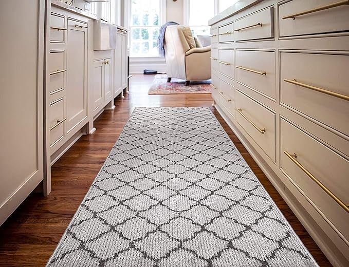 Custom Size Modern Runner Rug Carpet for Hallway Entryway Foyer Kitchen, Slip Resistant Latex Rubber Backed 31 inch Wide X Customized Length, Trellis Grey, 31 inch X 16 feet
