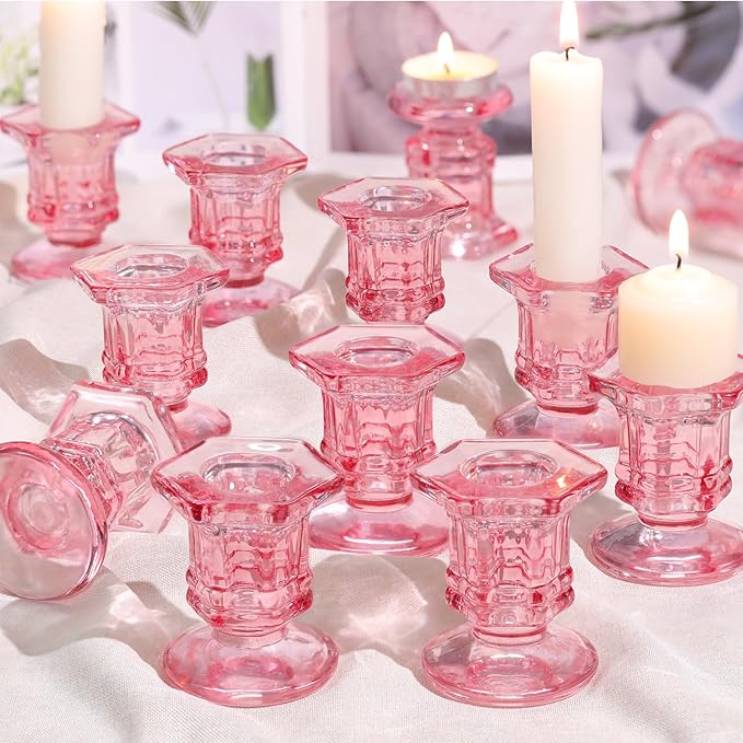 Pink Candlestick Holders Bulk, 12 Pcs Glass Candle Holders Set,Crystal Taper Candle Holder for Wedding, Table Centerpiece, Home Decoration