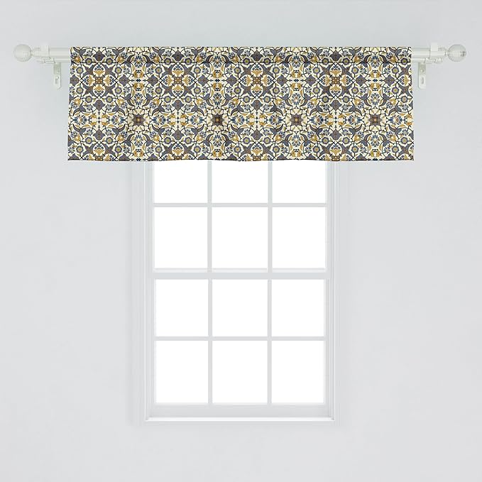 Ambesonne Turkish Pattern Window Valance Pack of 2, Flowers in and Traditional Style, Rod Pocket Curtain Valances for Kitchen Bedroom, 42" X 18", Earth Yellow Slate Blue