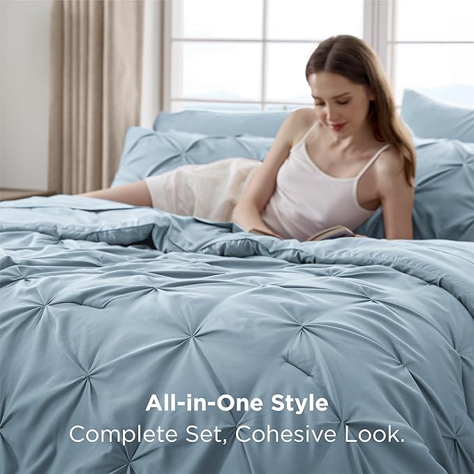 Bedsure California King Comforter Set - Bed in a Bag Cal King Bedding Set 7 PCS, GentleSoft™ Pintuck Bed Set Gift for Family, Pinch Pleat Light Blue Comforter with Sheets, Pillowcases & Shams