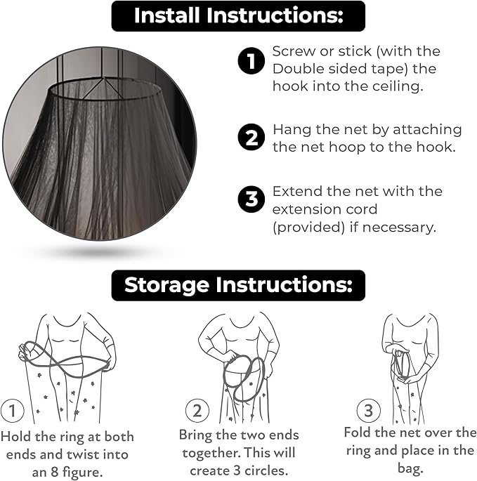 Bollepo Bed Canopy for Adults, Black Canopy Bed Curtains - Canopy for Bed, Netting Room Decor, Ceiling Tent, Canopy for Single, Twin, Full, Queen Size Kids Bed Curtains, Fire Retardant Fabric