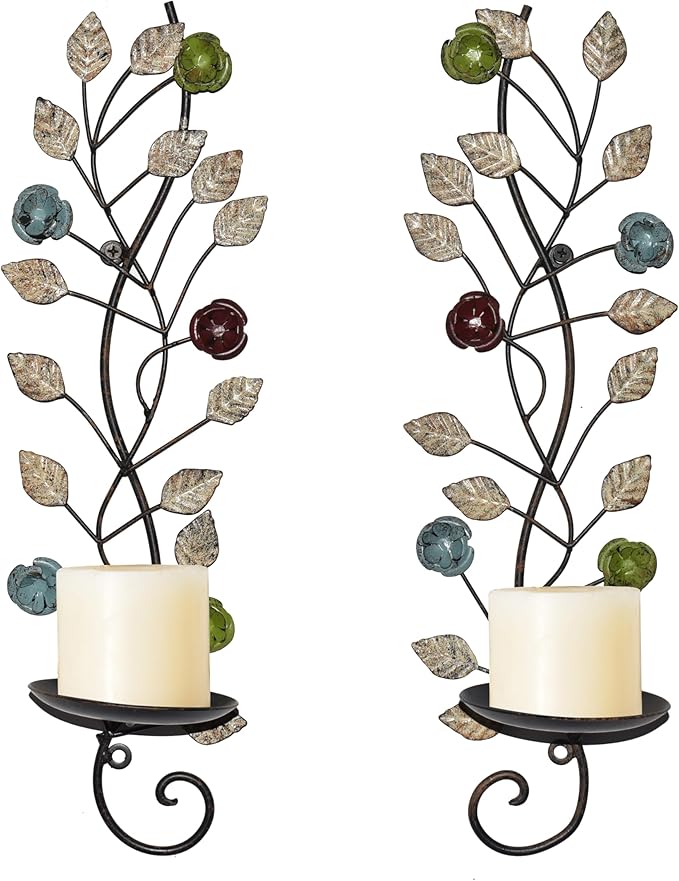 Wall Sconces Candle Holder Set of 2, Antique Leaf Branch Wall Mount Hanging Metal Candle Holder Candle Sconce for Living Room Dining Room