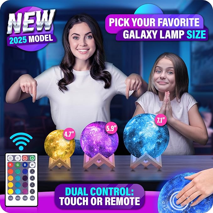 Mind-Glowing Galaxy Moon Lamp with Multi Colors, Touch/Remote, Wood Stand - Teen Girl Room Decor, Trendy Stuff - Christmas Gift for Any Year Old Teenage Girl - Cool Night Light for Kids (7.1 inch)