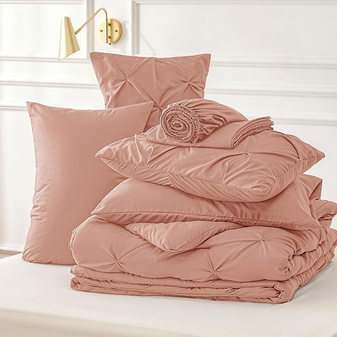 Bedsure Twin Comforter Set Dusty Pink - Bed in a Bag Twin Size Bedding 5 Pieces, GentleSoft™ Pintuck Bed Set Gift for Family, Pinch Pleat Dusty Pink Comforter with Sheets, Pillowcase & Sham