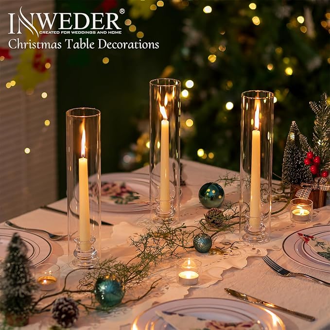 Glass Hurricane Candle Holder: 12" Tall Candlestick Holder Bulk with Cylinder Windproof Cover Set of 10 Clear Taper Candle Holders for Wedding Party Birthday Christmas Decor
