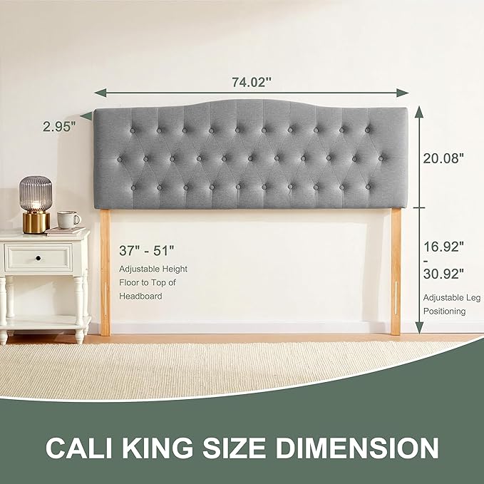Tufted Upholstered Headboard California King Size, Sturdy and Durable Solid Wood Bed headboard, Fabric Headboard Adjustable Height from 37” to 51”, Button Diamond Design Head Board, Grey