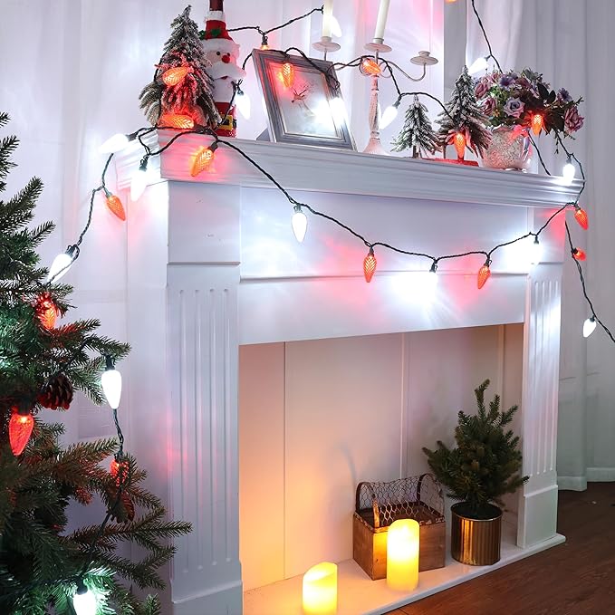 Brizled Red & White Christmas Lights, 66ft 100 LED C9 Faceted Christmas Lights, Connectable Outdoor Strawberry String Light, 120V UL Certified Indoor Xmas Light for Tree House Garden Party & Holiday