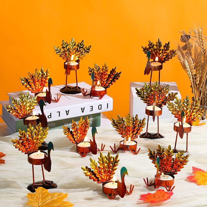Sieral 12 Pieces Thanksgiving Candle Holder Metal Turkey Tea Light Candle Holders Thanksgiving Table Centerpieces Decoration Turkey Candlesticks for Fall Holiday Fireplace Home Centerpiece