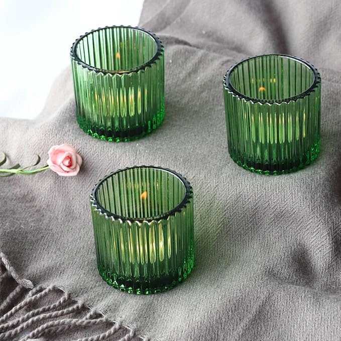 VOHO Large Votive Candle Holders 2.75'' x 2.56'' Set of 6, Ribbed Candle Holder for Votive/Tea Lights Candles, Green Votive Holder for Halloween/Christmas Holiday