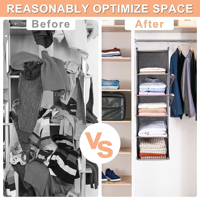 BOOMIBOO Hanging Closet Organize and Shelves，5-Hanging Shelf with 2 Side Pockets，Storage Foldable （2 Pack,Black）