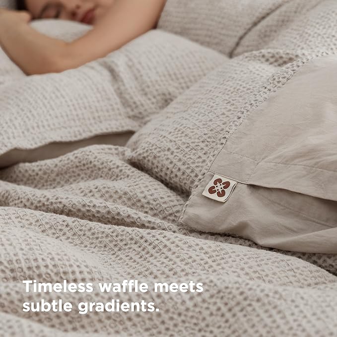 Bedsure Waffle Duvet Cover King - 100% Cotton Duvet Cover Linen Color, Space-Dyed for Enhanced Bedroom Aesthetics, GentleSoft™ and Stylish All-Season, 3-Piece Bedding Set with Button Closure, 104"x90"