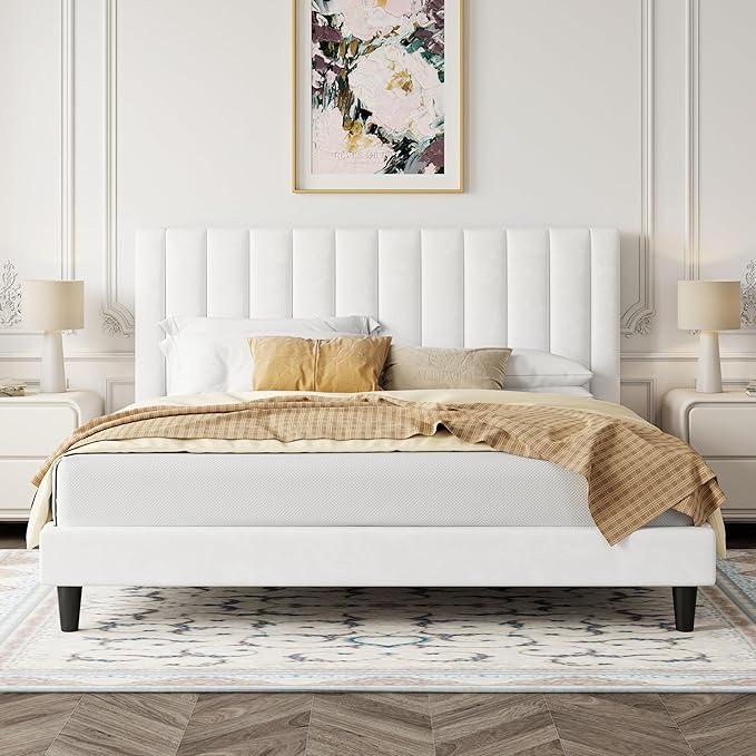 Allewie King Bed Frame/Velvet Upholstered Bed Frame with Vertical Channel Tufted Headboard/Strong Wooden Slats/Platform Bed Frame/Mattress Foundation/Box Spring Optional/Easy Assembly/White
