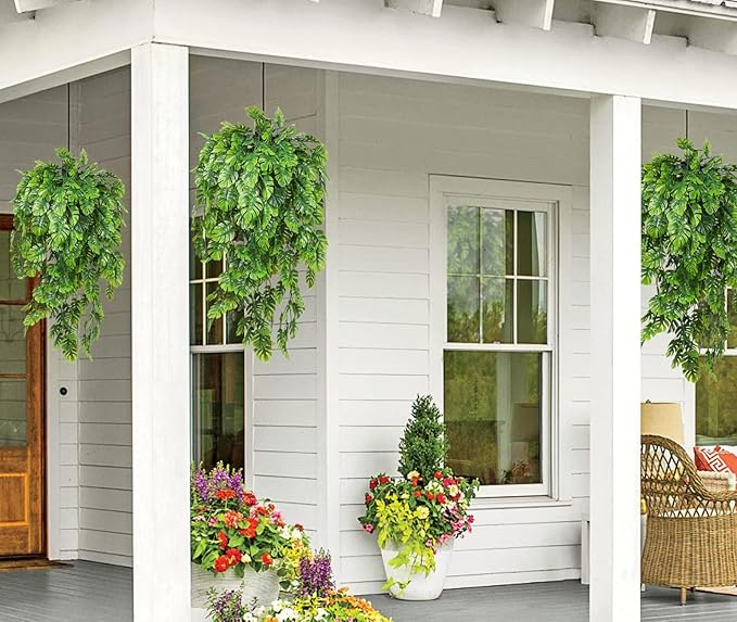 RECUTMS Artificial Hanging Plants 4Pcs, Fake Monstera Leaves Ivy Vine Faux Greenery UV Resistant Tropical Palm Leaf Swag Plant for Garden Home Jungle Hawaiian Luau Party Outdoor Indoor Spring Décor