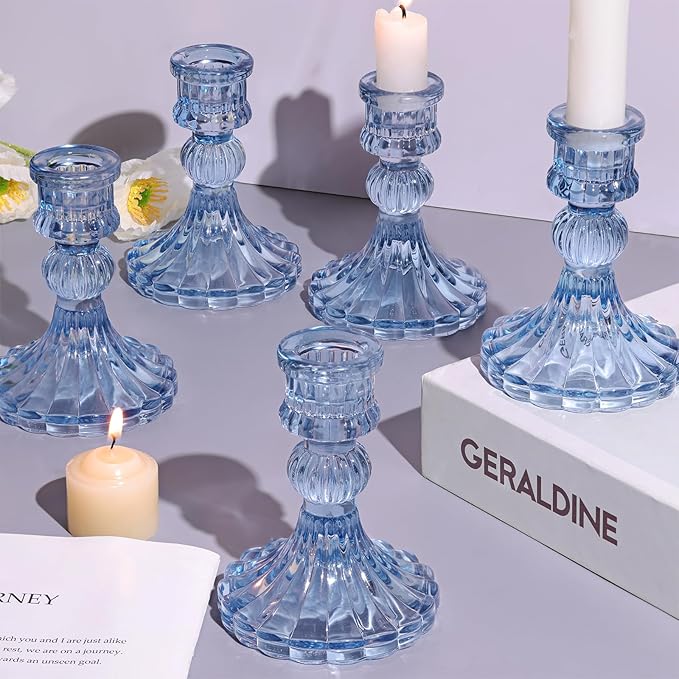 DARJEN 12PCS Blue Candlestick Holders Set- 4" H Taper Candle Holders, Glass Candle Holders Bulk for Wedding, Party, Home Table Centerpieces, Festival Gifts & Windowsill Decor