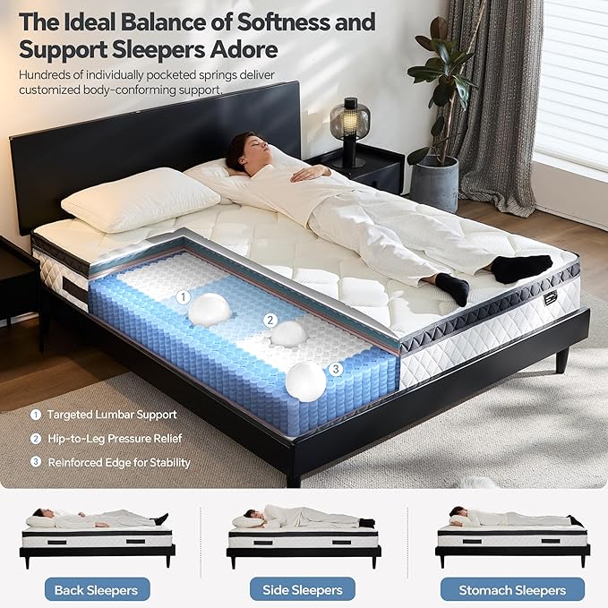 California King Mattress, 12 Inch Cal King Hybrid Mattress with Individual Pocket Spring & Memory Foam, Soft, Motion Isolation, Medium Firm Comfort for Pressure Relief, CertiPUR-US Certified