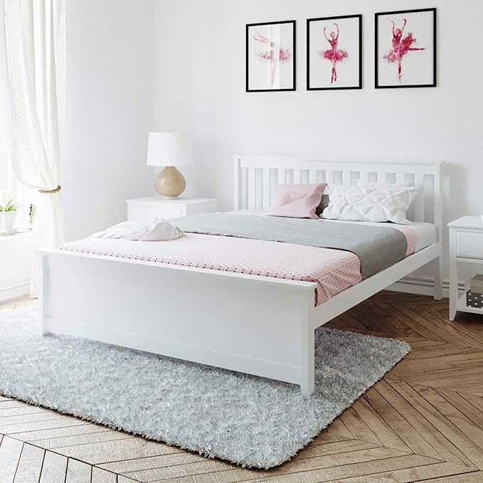 Max & Lily Queen Bed Frame with Slatted Headboard, Solid Wood Platform Bed for Kids, No Box Spring Needed, Easy Assembly, White