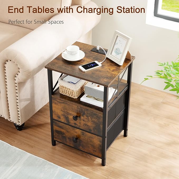 AMHANCIBLE End Table Living Room with Charging Station, Side Table with Fabric Drawer, Small Side Table with USB Ports and Outlets for Small Spaces Rustic Brown and Black HET05XBR1