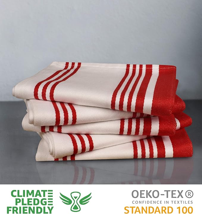 Urban Villa Kitchen Towels 100% Cotton Pack of 6, Highly Absorbent Quick Drying Super Soft Premium Dish Towels for Kitchen with Hanging Loop Hand & Tea Towels - 20x30 Inch, (Red & White, Striped)
