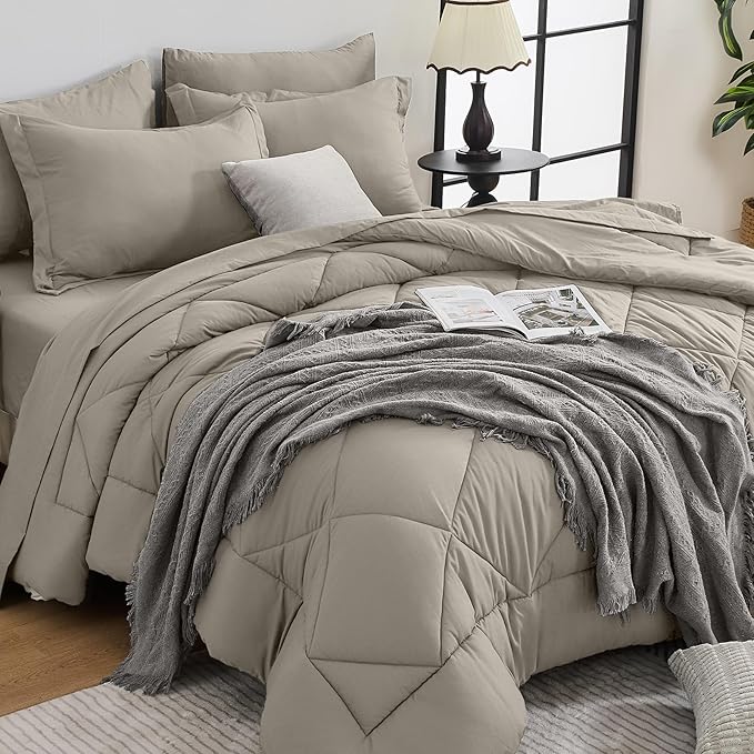 HEVUMYI Oatmeal Full Comforter Set - 7-Piece All Season Bed in a Bag Full, Ultra Soft Bedding Set with Comforter, Flat Sheet, Fitted Sheet, Pillowcases, Pillow Shams