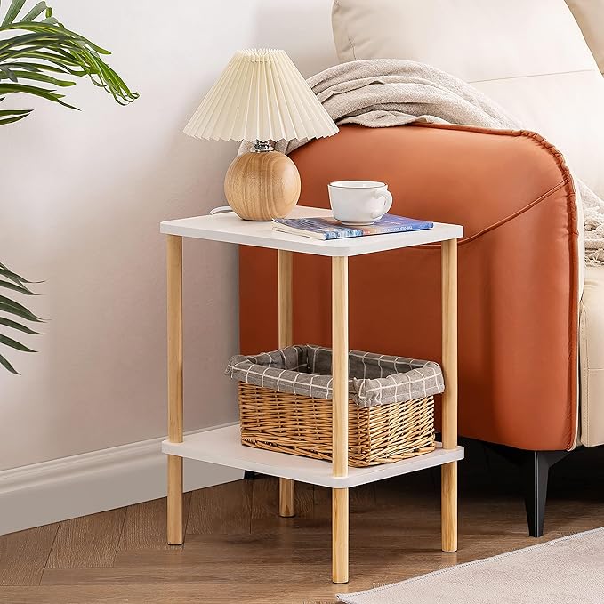 Apicizon 2 Tier End Table, Small Side Table with Solid Wood Legs, Boho Bedside Table with Storage Shelf, Nightstand for Small Spaces, Bedroom, Living Room, Entryway, Easy Assembly, White+Natural