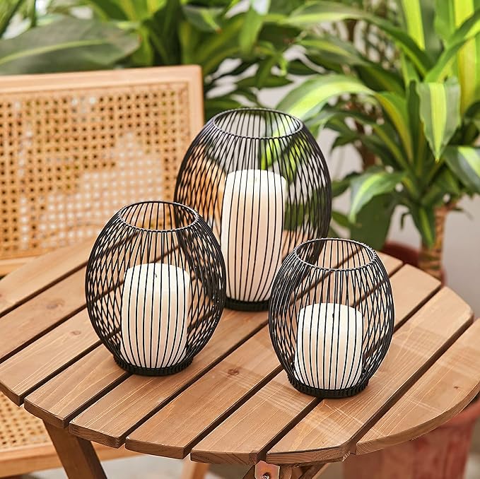 OLEEK Outdoor Candle Holder Decor Set - Black Candle Holder - Candles Holders for Table Centerpiece - Hurricane Candles Holder for Pillar Candles Cage Candle Holders Black Wire Decorative