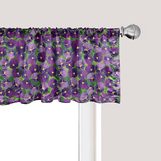 Ambesonne Botanical Window Valance, Green Field Full of Burgeoning Pansy Inflorescence Garden Flourish Bedding Plants, Curtain Valance for Kitchen Bedroom Decor with Rod Pocket, 42" x 12", Purple