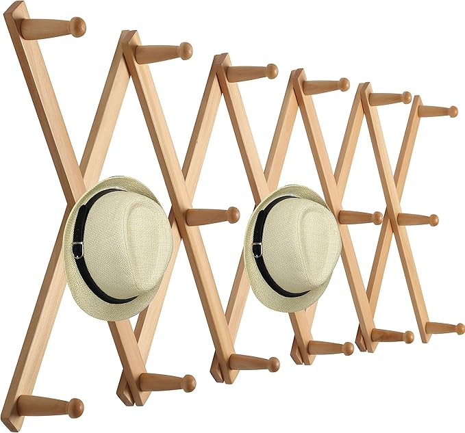 WEBI Accordion Wall Hanger,Expandable Wooden Hat Rack for Wall Mounted Coat Rack,Accordion Hat Hooks Holder for Baseball Caps,17 Peg Hooks,Natural
