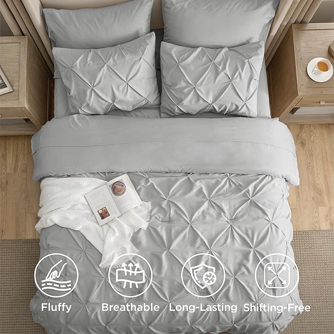 Bedsure California King Comforter Set - Bed in a Bag Cal King Bedding Set 7 PCS, GentleSoft™ Pintuck Bed Set Gift for Family, Pinch Pleat Light Grey Comforter with Sheets, Pillowcases & Shams