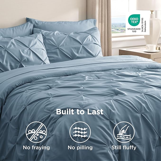 Bedsure Twin Comforter Set Mineral Blue - Bed in a Bag Twin Size Bedding 5 Pieces, GentleSoft™ Pintuck Bed Set Gift for Family, Pinch Pleat Mineral Blue Comforter with Sheets, Pillowcase & Sham
