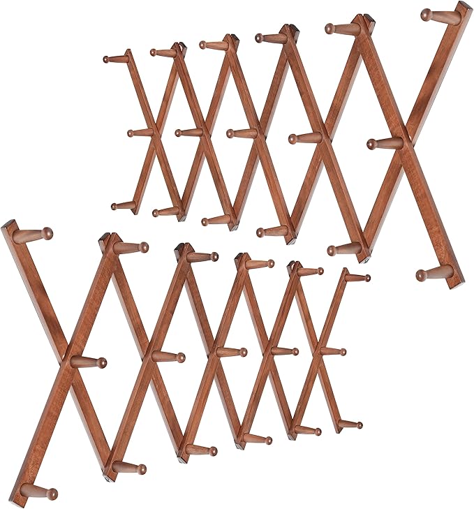 WEBI Accordion Wall Hanger,Expandable Wooden Hat Rack for Wall Mounted Coat Rack,Accordion Hat Hooks Holder for Baseball Caps,17 Peg,Rustic Brown,2 Packs