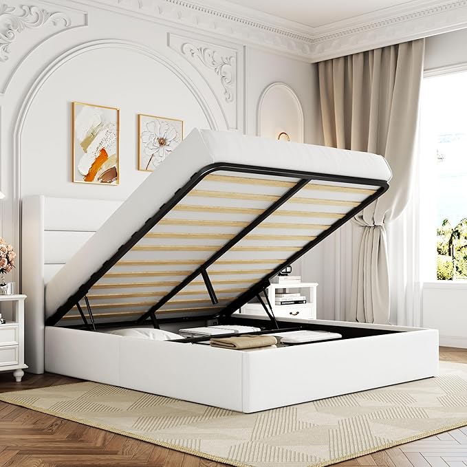 Allewie Full Size Velvet Lift Up Storage Bed, Modern Wingback Headboard, Hydraulic Support, No Box Spring Needed, White