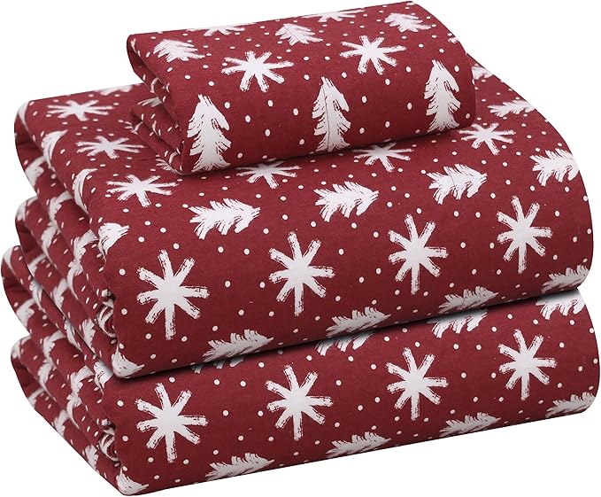 RUVANTI Flannel Sheets Twin Size - 100% Cotton Double Brushed Twin Sheets Set, Deep Pockets 16 Inches, All Seasons Breathable & Extra Soft Bed Sheets, Warm & Cozy, 3 Piece, Red Christmas