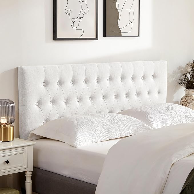 Tufted Upholstered Headboard Full Size, Solid Wood Head Board with Durable Metal Legs, Adjustable Height Full XL headboard from 37” to 51” Fabric Headboard in Modern Button Design, White