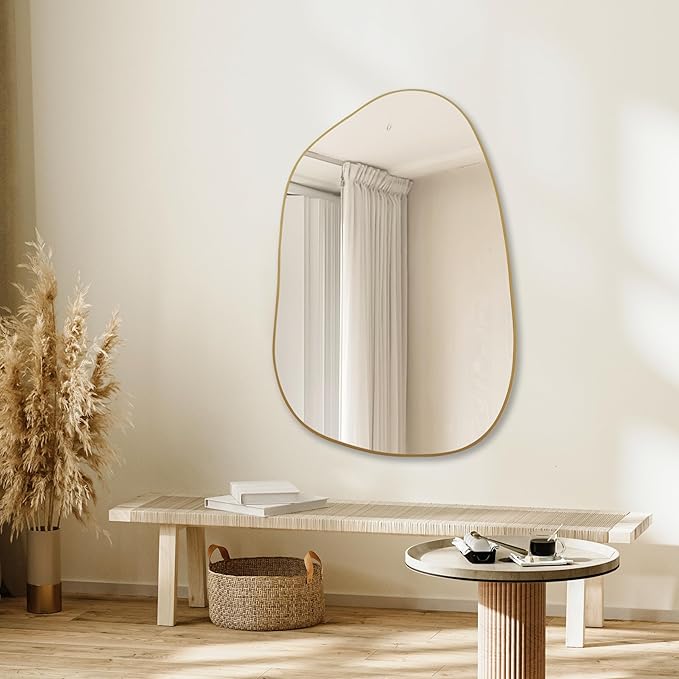 PERFNIQUE Irregular Wall Mirror Asymmetrical Mirror, 40''x26'' Gold Mirror for Bathroom Bedroom Living Room Entryway, Decorative Modern Wall Decor, Wall Mounted (Gold, 40" x 26")