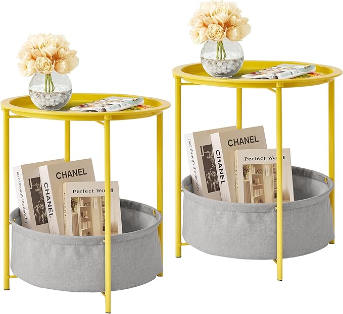 VECELO Round Side/End Table with Fabric Storage Basket，Metal Anti-Rust and Waterproof Small Bedside Nightstand with Removable Tray Top for Living Room，Balcony & Laundry，Yellow /2pcs with Basket