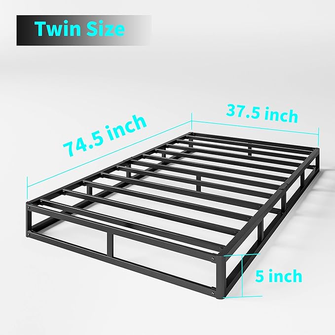 Box Spring Twin Size 5 Inch Low Profile Heavy Duty Metal Frame Mattress Foundation, Quiet Noise-Free,Easy Assembly, 3000lbs Max Weight Capacity