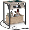 VASAGLE End Table with Charging Station, Small Side Table for Living Room, Bedroom, Nightstand with Outlets and USB Ports, Bedside Table with Storage Shelf, Heather Greige and Black