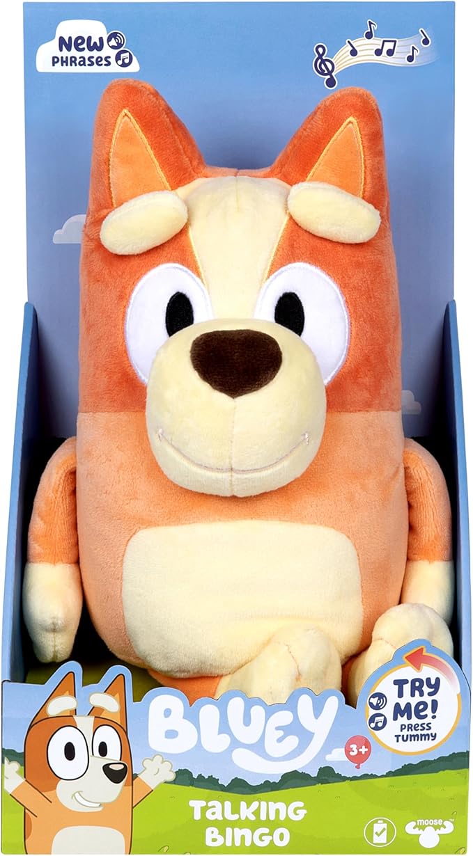 Bluey Sound Effects Talking Bingo Plush Toy, 13” Soft Bingo Toy, Interactive Stuffed Animal with 9 Different Phrases, Musical Toys for Kids