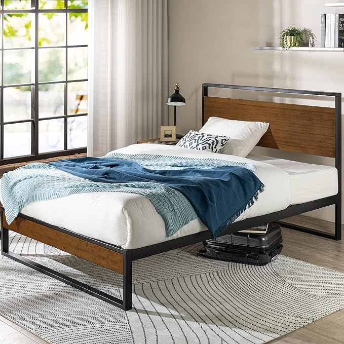 ZINUS Suzanne 44 Inch Bamboo and Metal Platform Bed Frame, Solid Steel Construction, No Box Spring Needed, Wood Slat Support, Easy Assembly, Chestnut Brown, King
