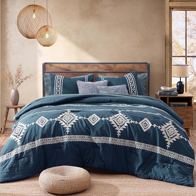 MaiRêve Embroidery Full Size Comforter Set Navy Blue, Farmhouse Western Boho Bedding Set 7 Pieces, All Season Bed in A Bag Comforter Set with Sheets, Pillowcases & Shams