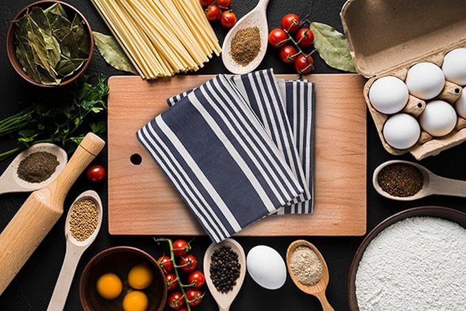 Urban Villa Kitchen Towels 100% Cotton Pack of 3, Highly Absorbent Quick Drying Soft Premium Dish Towels for Kitchen with Hanging Loop Hand & Tea Towels - 20x30 Inch, (Indigo Blue & White, Striped)