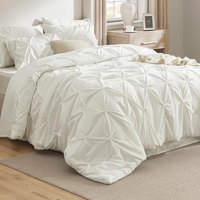 Bedsure Full Comforter Set Ivory - Bed in a Bag Full Size Bedding Set 7 Pieces, GentleSoft™ Pintuck Bed Set Gift for Family, Pinch Pleat All Season Comforter with Sheets, Pillowcases & Shams